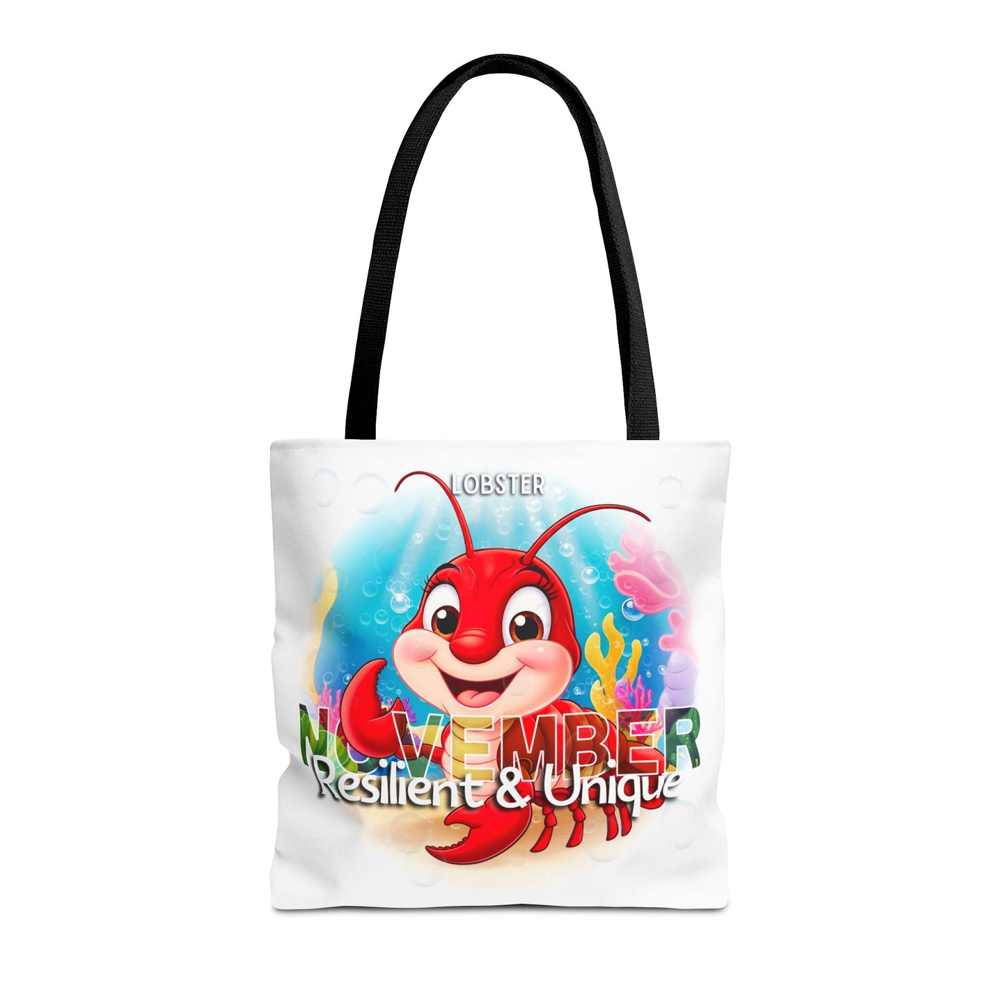 Kids birth month beach tote bag with red lobster cartoon and November design