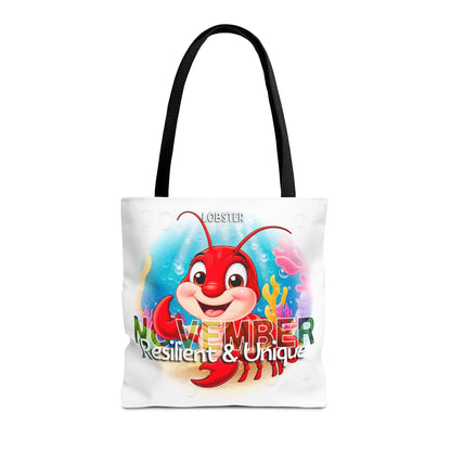 Kids birth month beach tote bag with red lobster cartoon and November design
