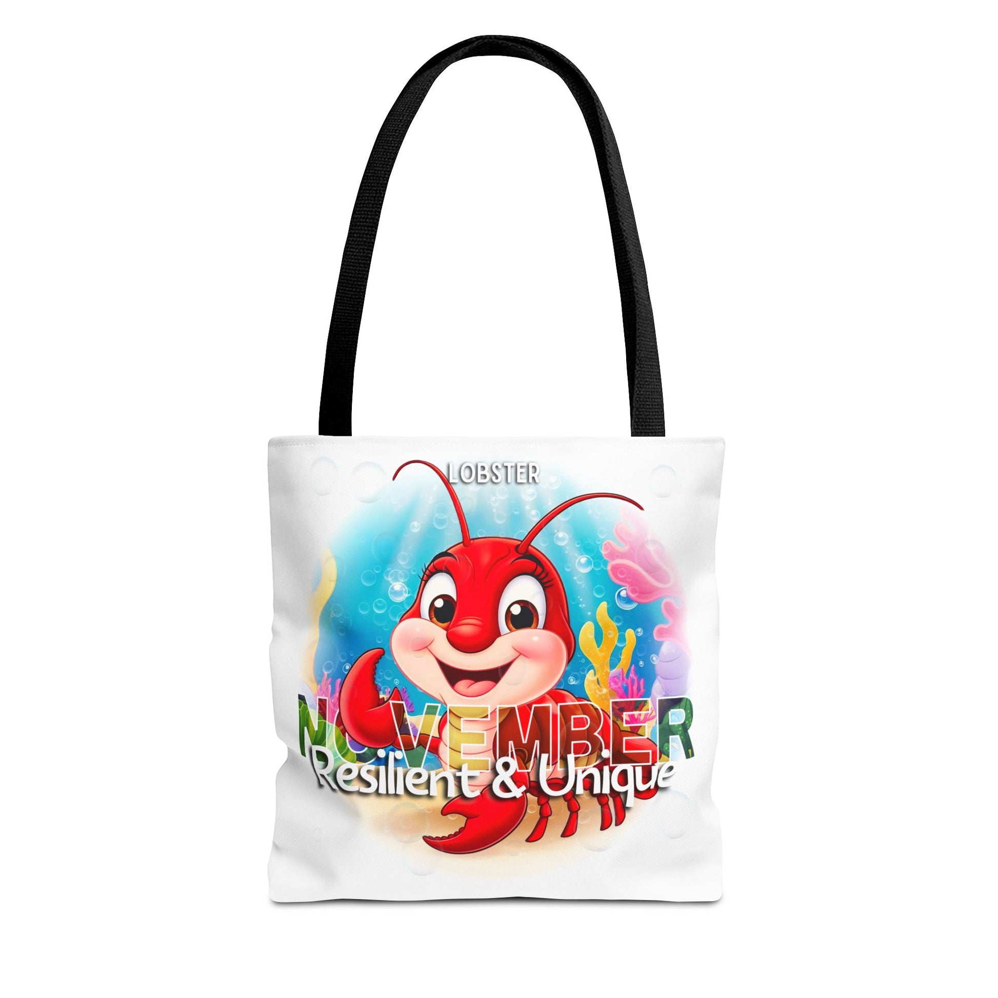 Kids birth month beach tote bag with November lobster design and resilient unique text