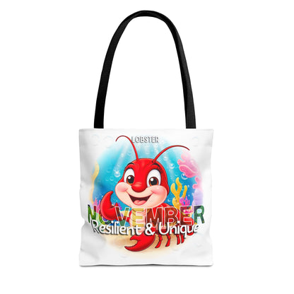 Kids birth month beach tote bag with November lobster design and resilient unique text