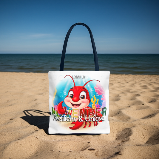 Kids birth month beach tote bag with colorful November lobster design on sandy beach