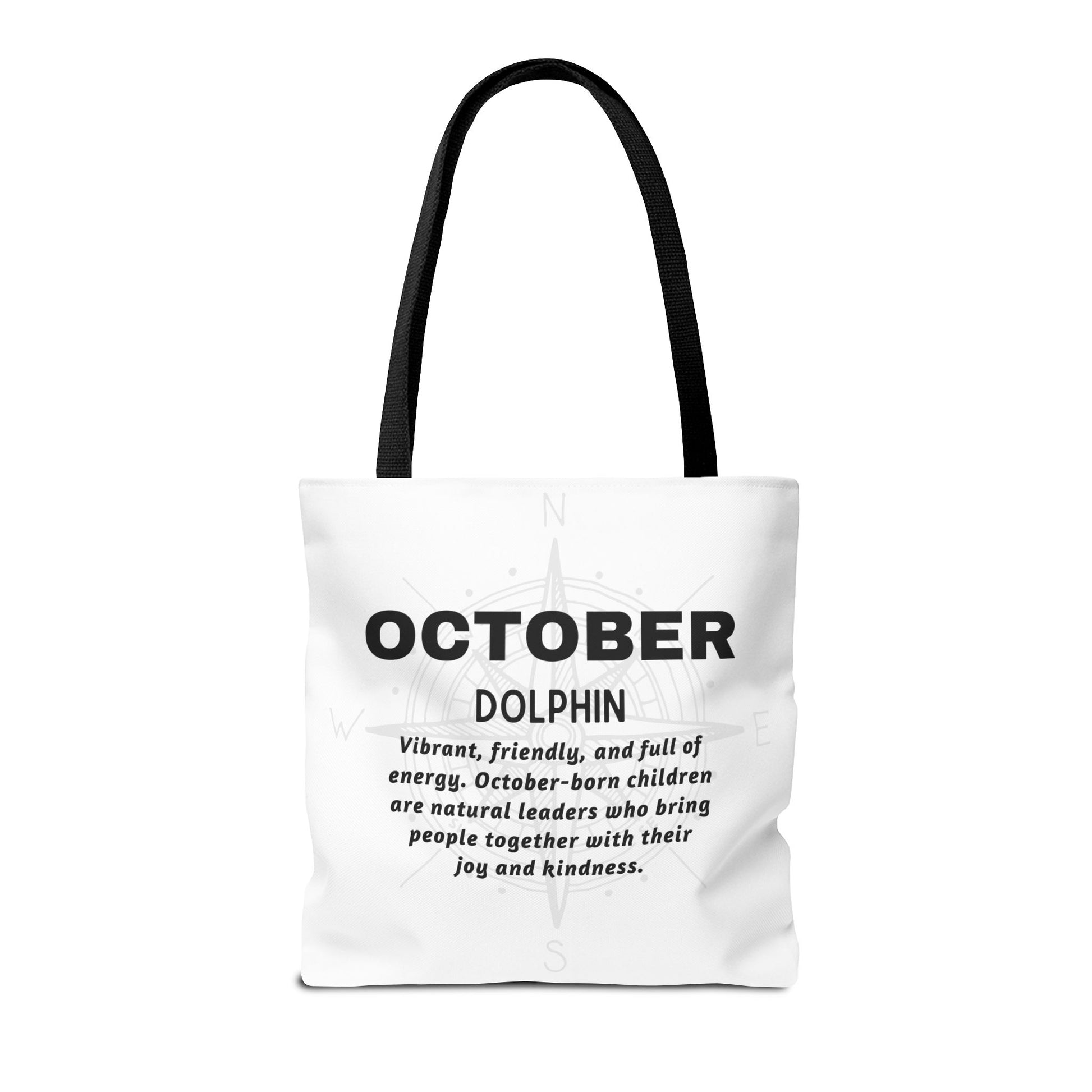 Kids birth month beach tote bag with October dolphin design and positive traits description