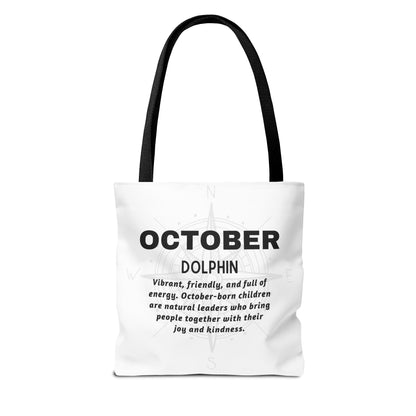 Kids birth month beach tote bag October dolphin design with black handles