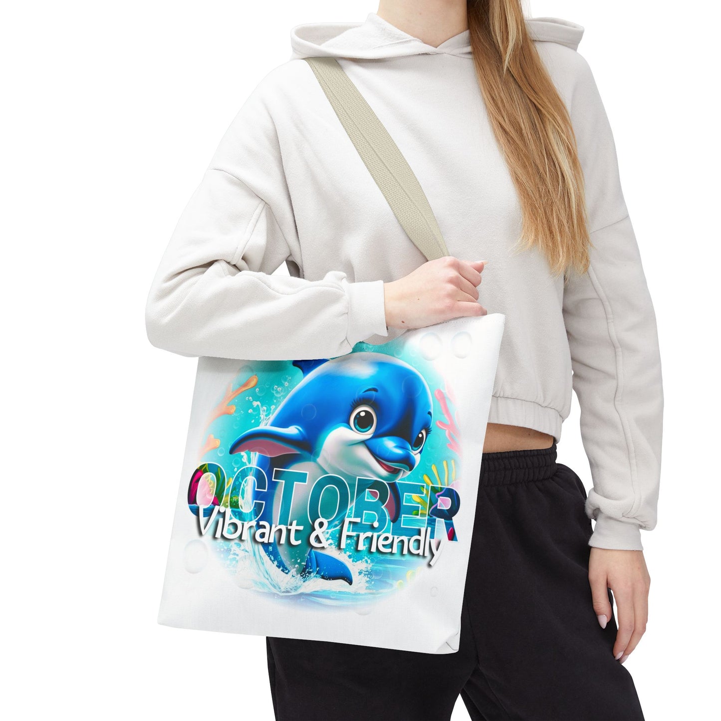 Kids birth month beach tote bag with blue dolphin and October vibrant friendly design