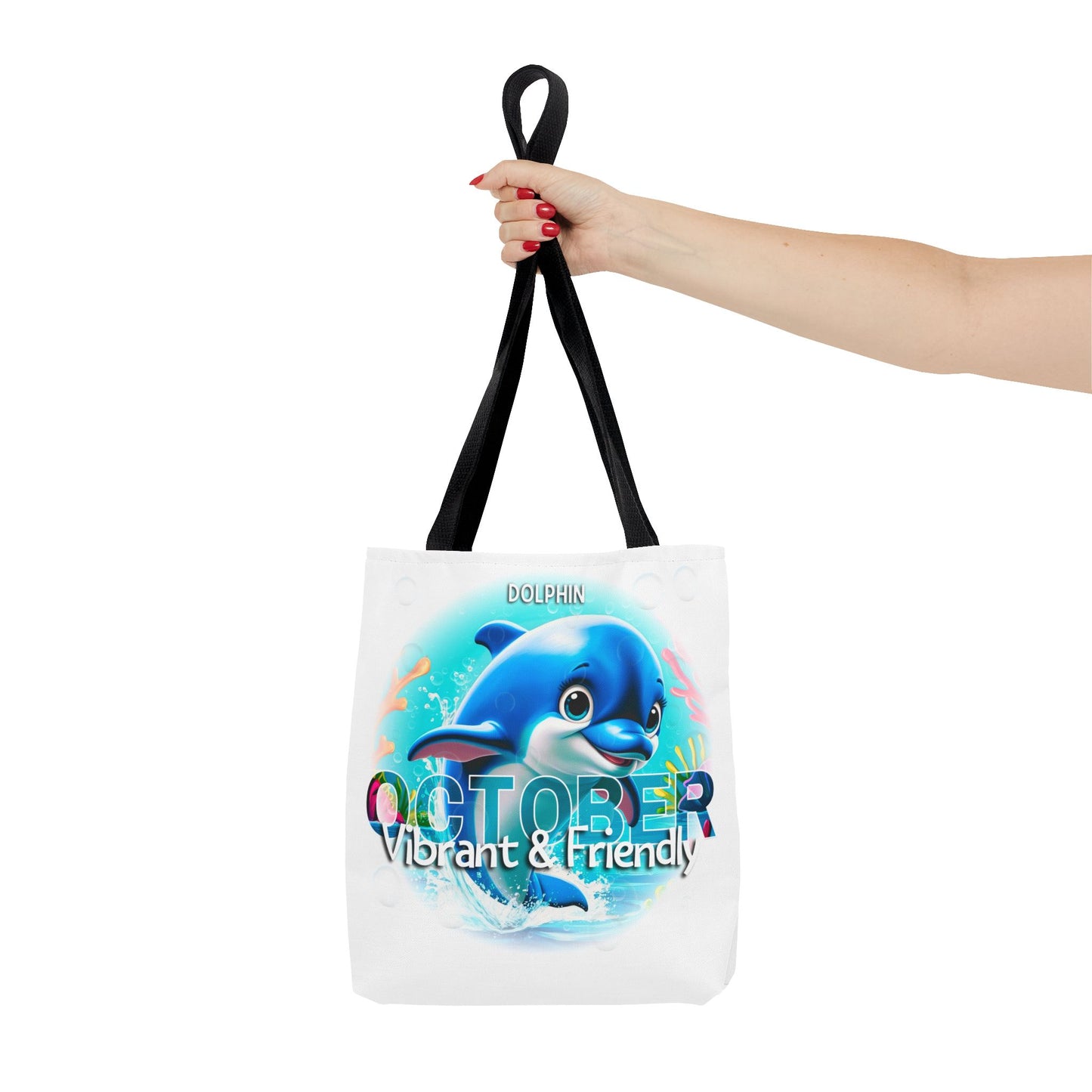 Kids birth month beach tote bag featuring a vibrant blue dolphin and October design