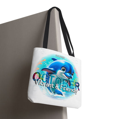 Kids birth month beach tote bag with dolphin design for October vibrant and friendly