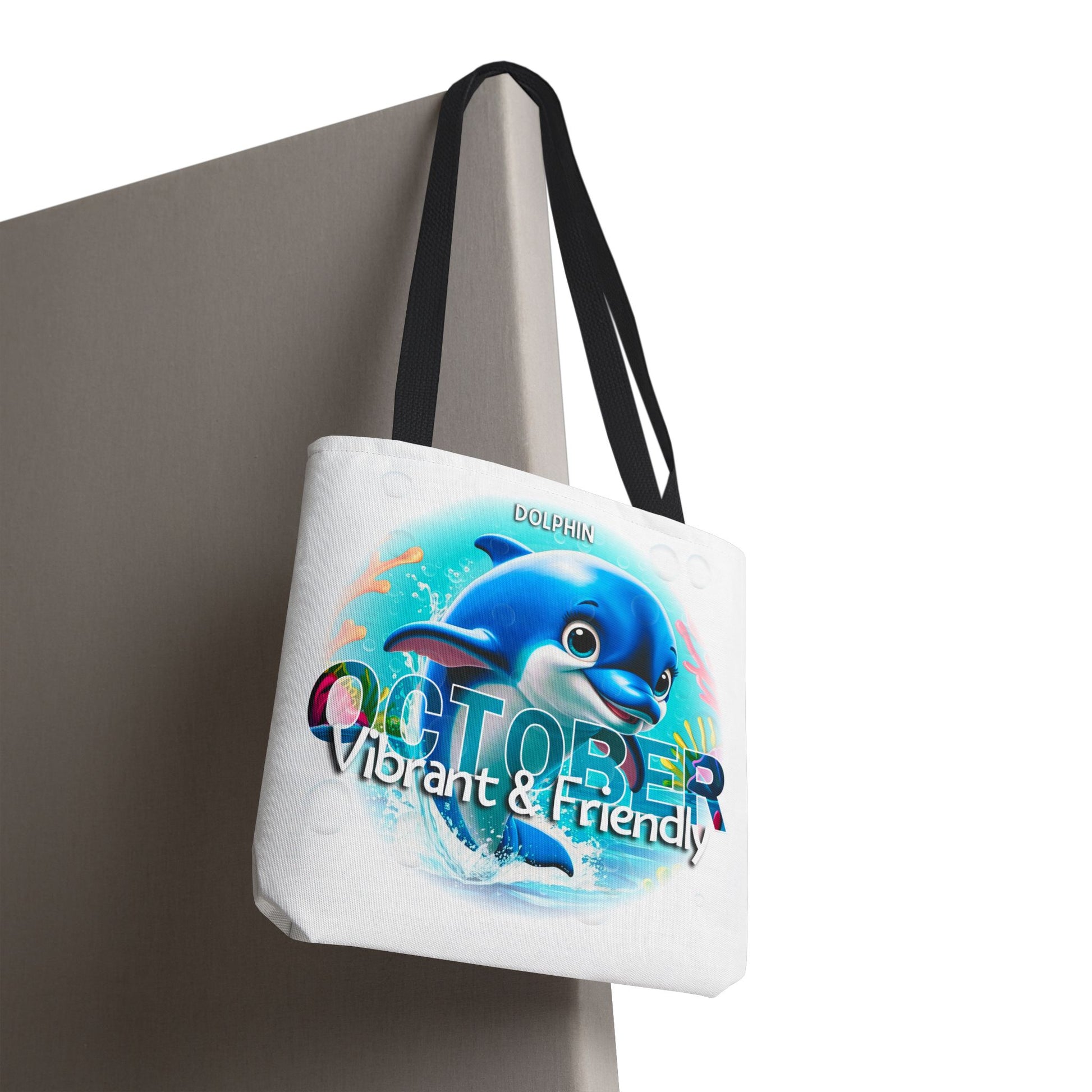 Kids birth month beach tote bag with vibrant dolphin design for October kids