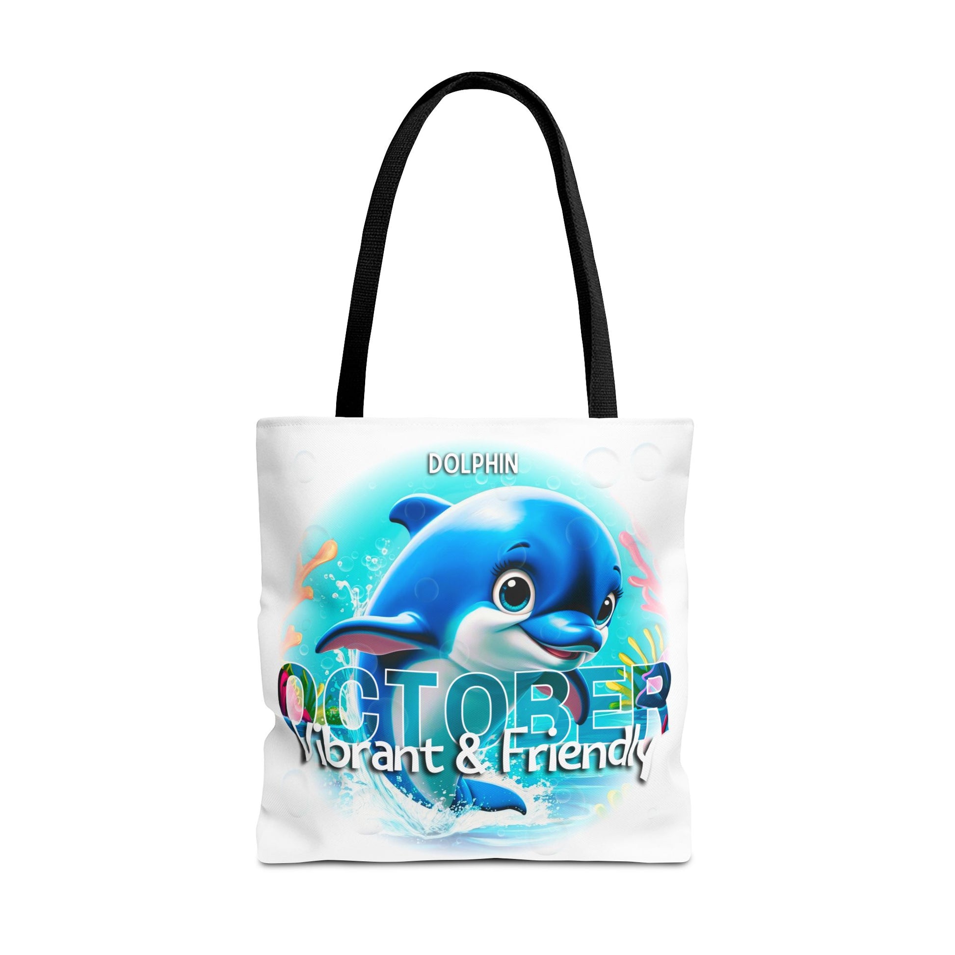 Kids birth month beach tote bag featuring a blue dolphin and ocean design for October