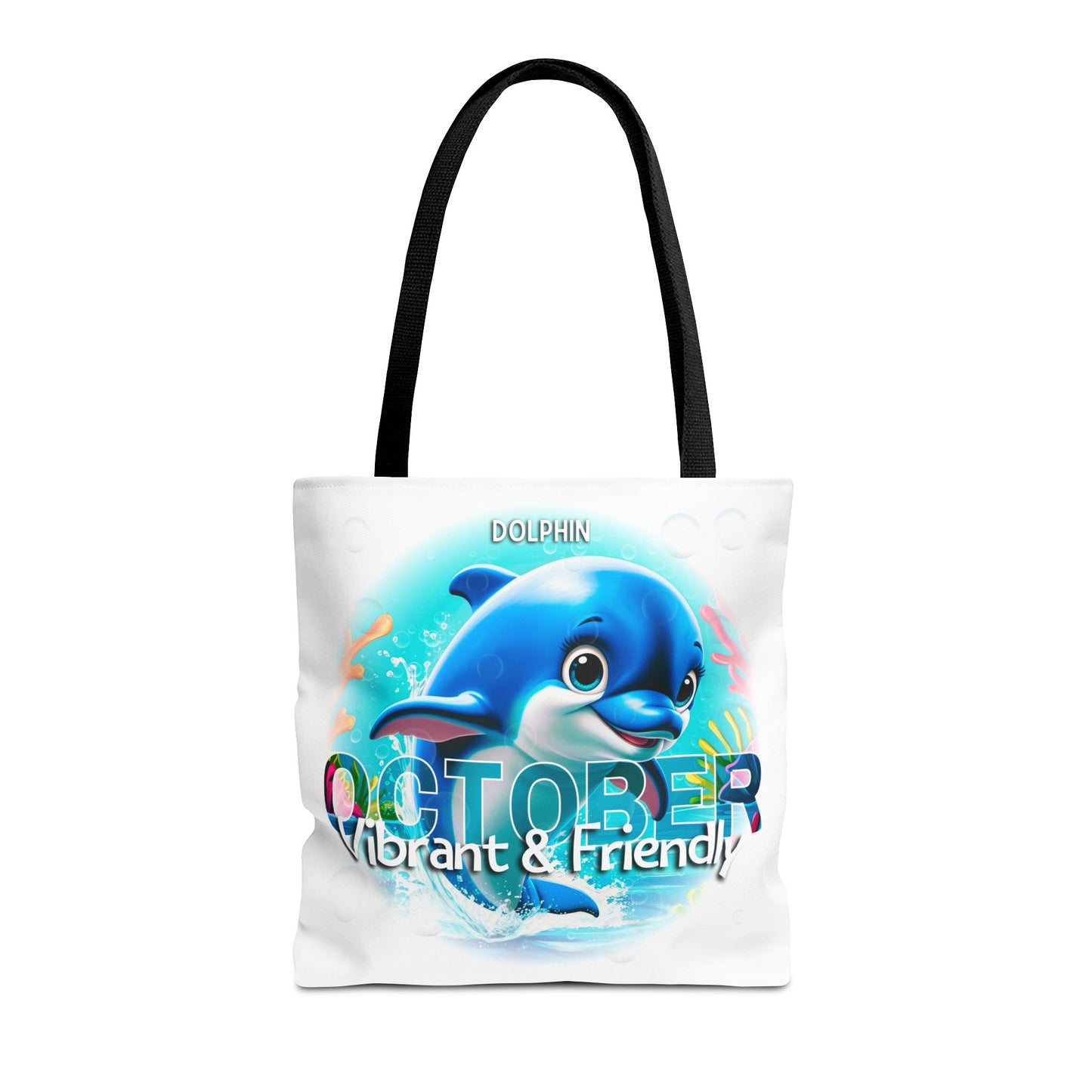 October kids birth month beach tote bag with vibrant dolphin design and friendly theme