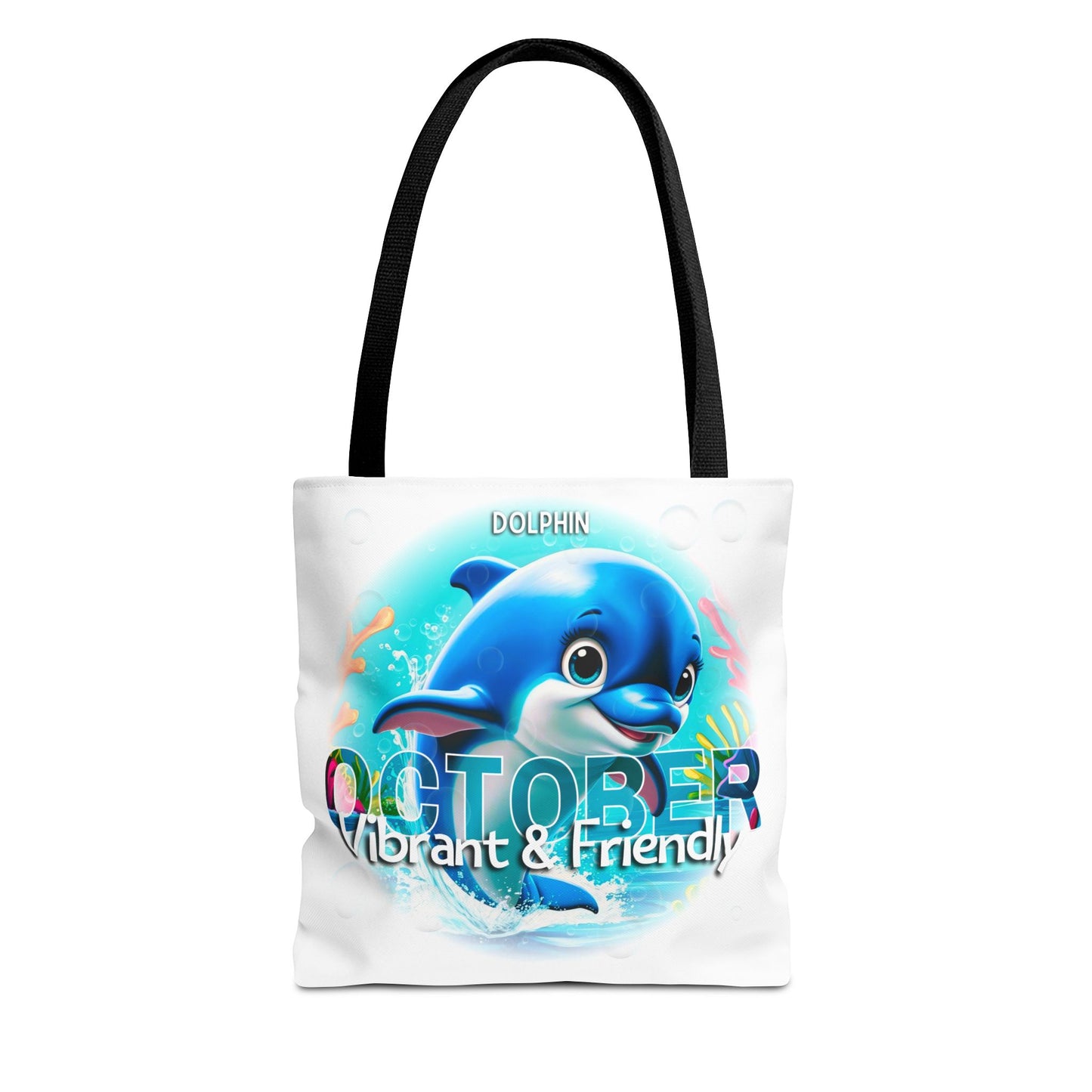 Kids birth month beach tote bag with vibrant dolphin design for October
