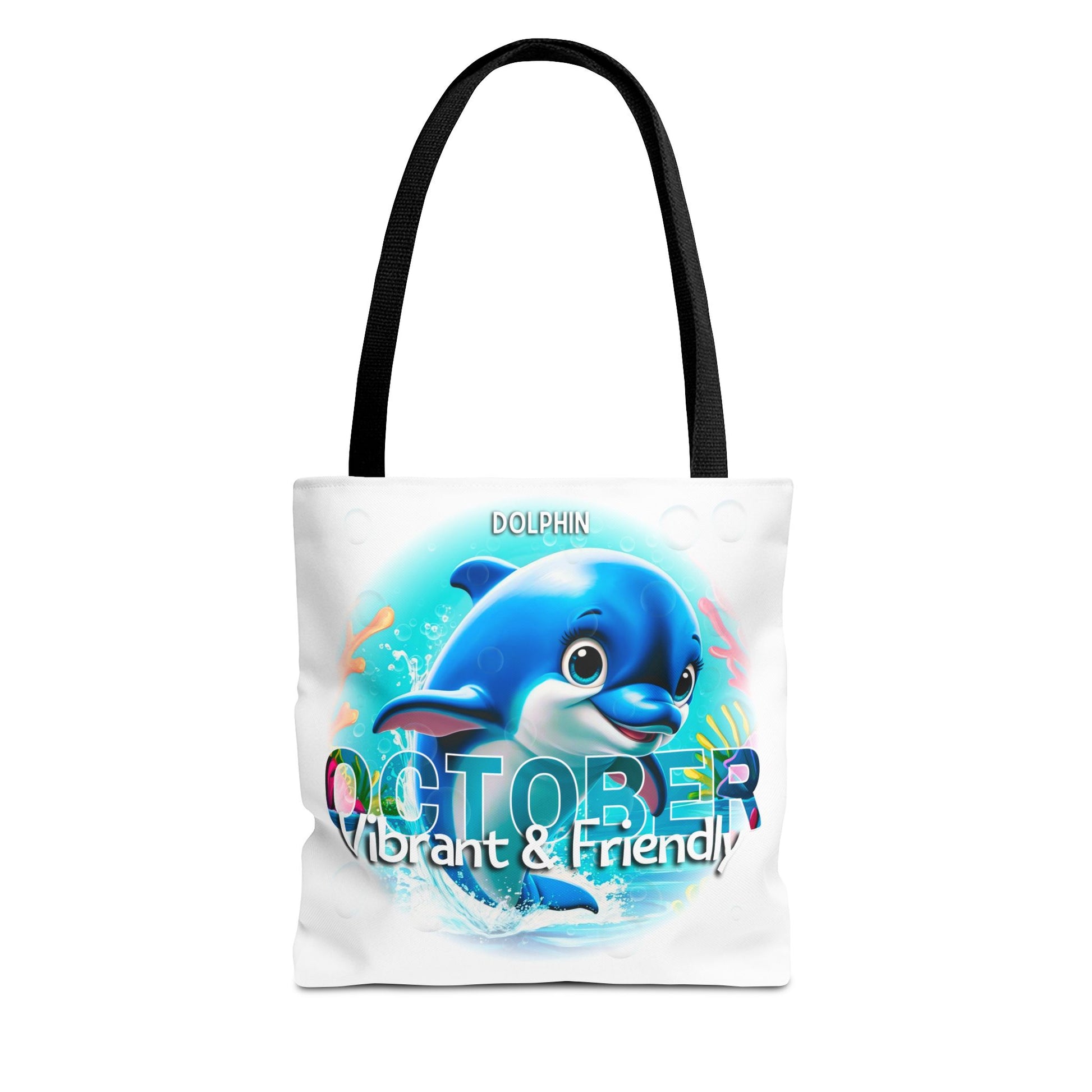 Kids birth month beach tote bag with vibrant dolphin design for October