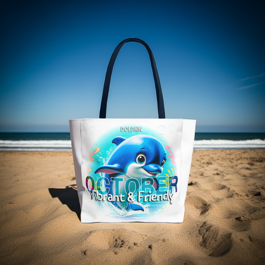 Kids birth month beach tote bag featuring a friendly dolphin design for October