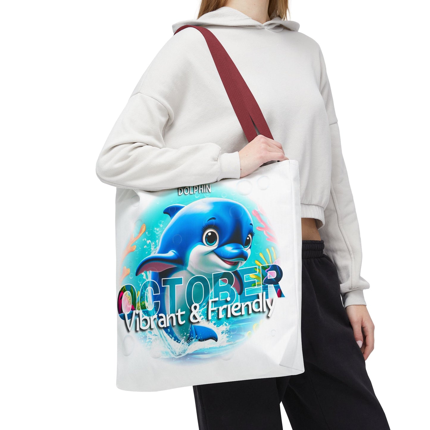 Kids birth month beach tote bag with vibrant blue dolphin design for October 