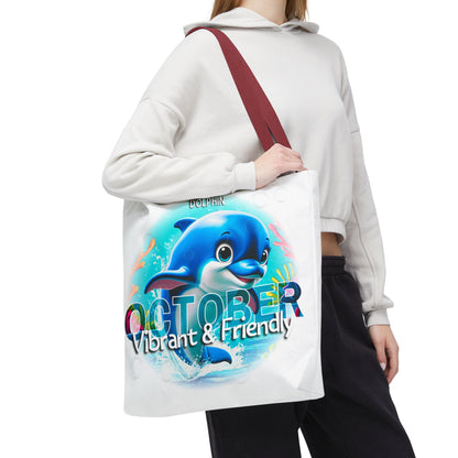 Kids birth month beach tote bag with vibrant blue dolphin design for October 