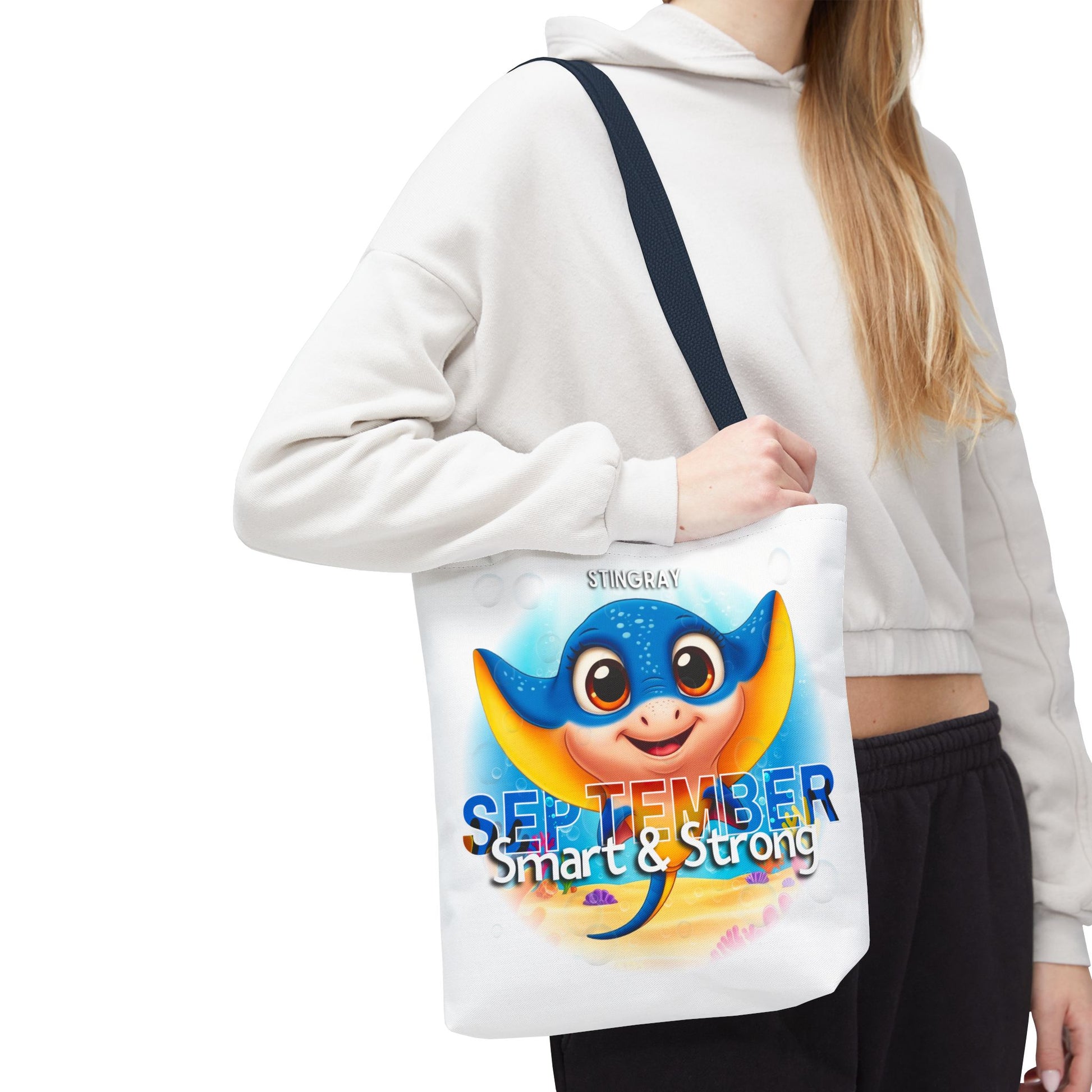 Kids birth month beach tote bag featuring September stingray design and smart strong text