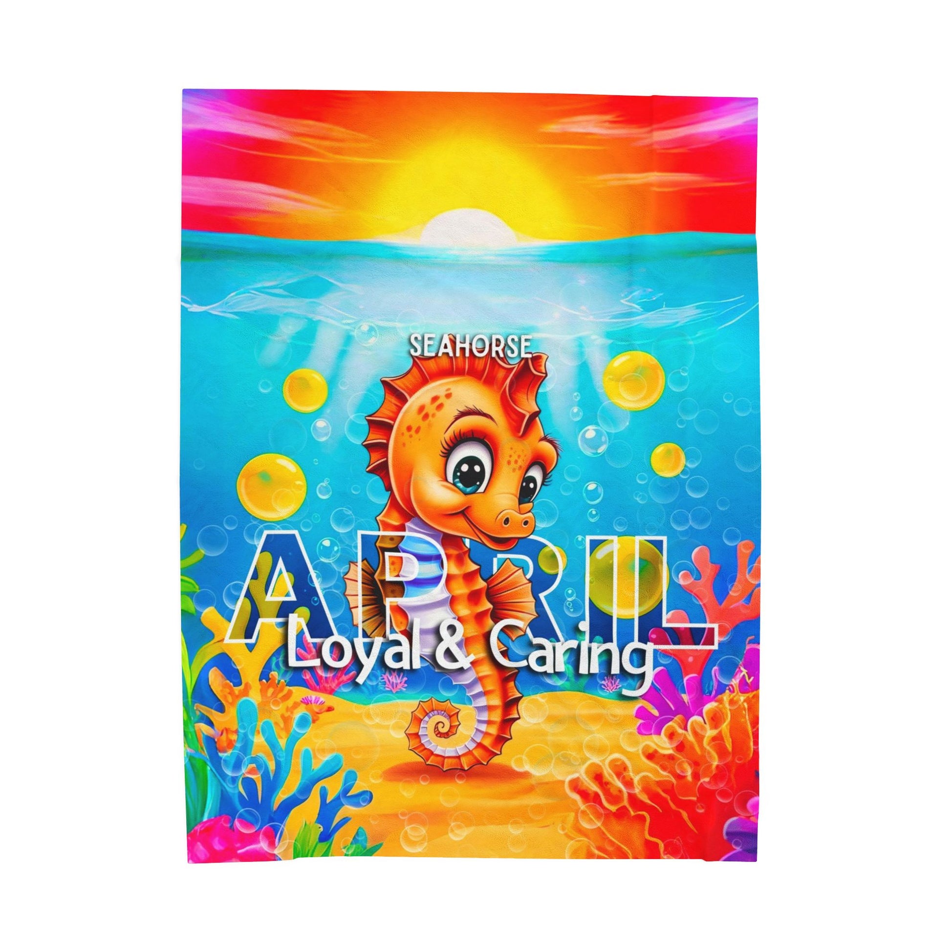 Colorful kids birth month blanket featuring a seahorse for April with loyal and caring text