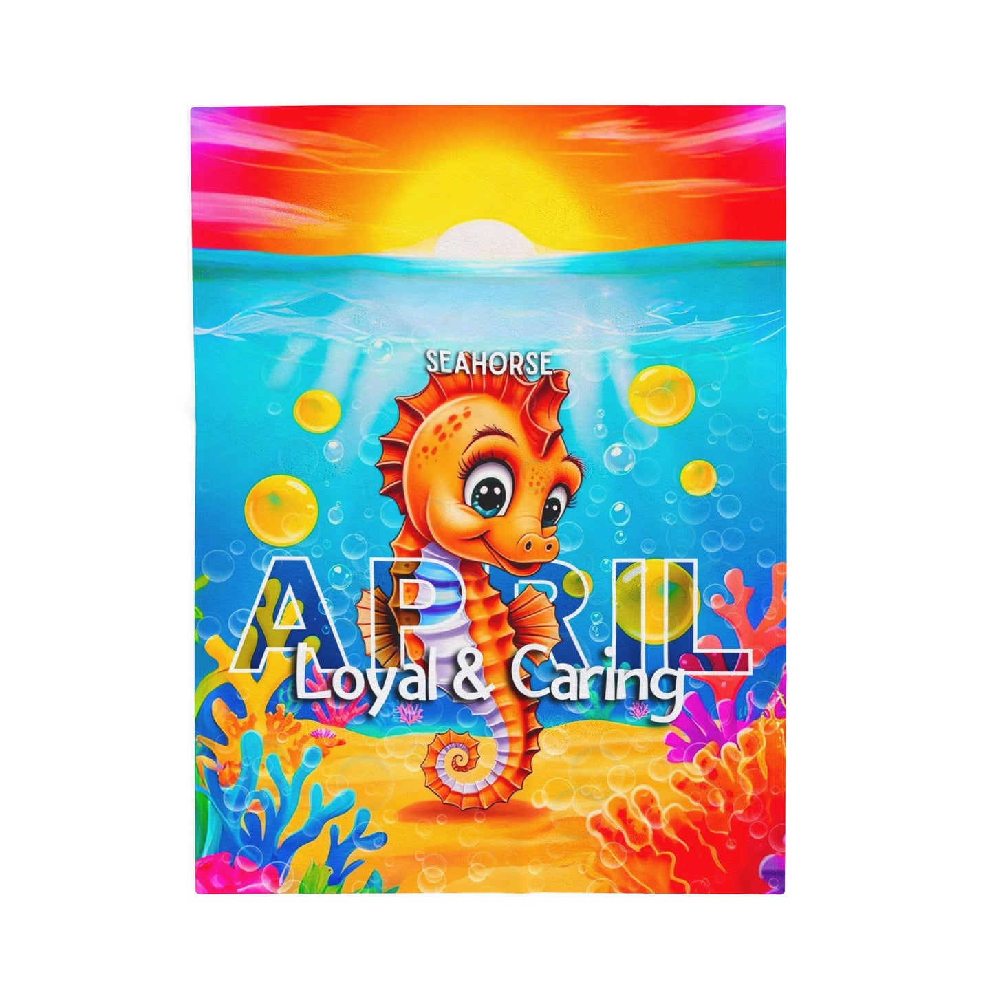 Colorful kids birth month blanket featuring seahorse for April with loyal and caring traits