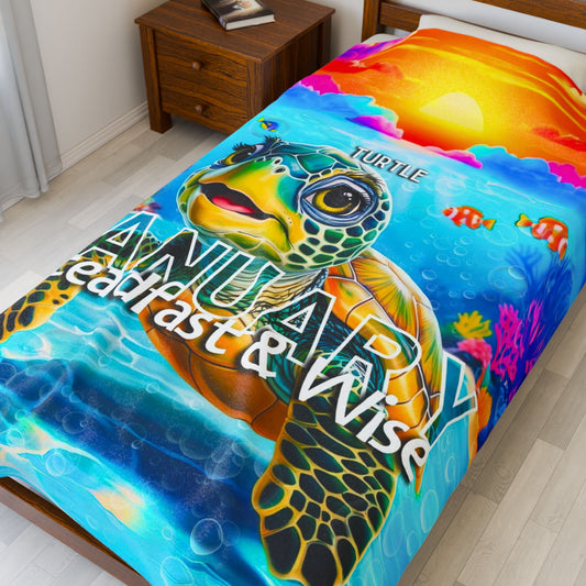 Kids birth month blanket featuring colorful turtle design with January text and underwater scene