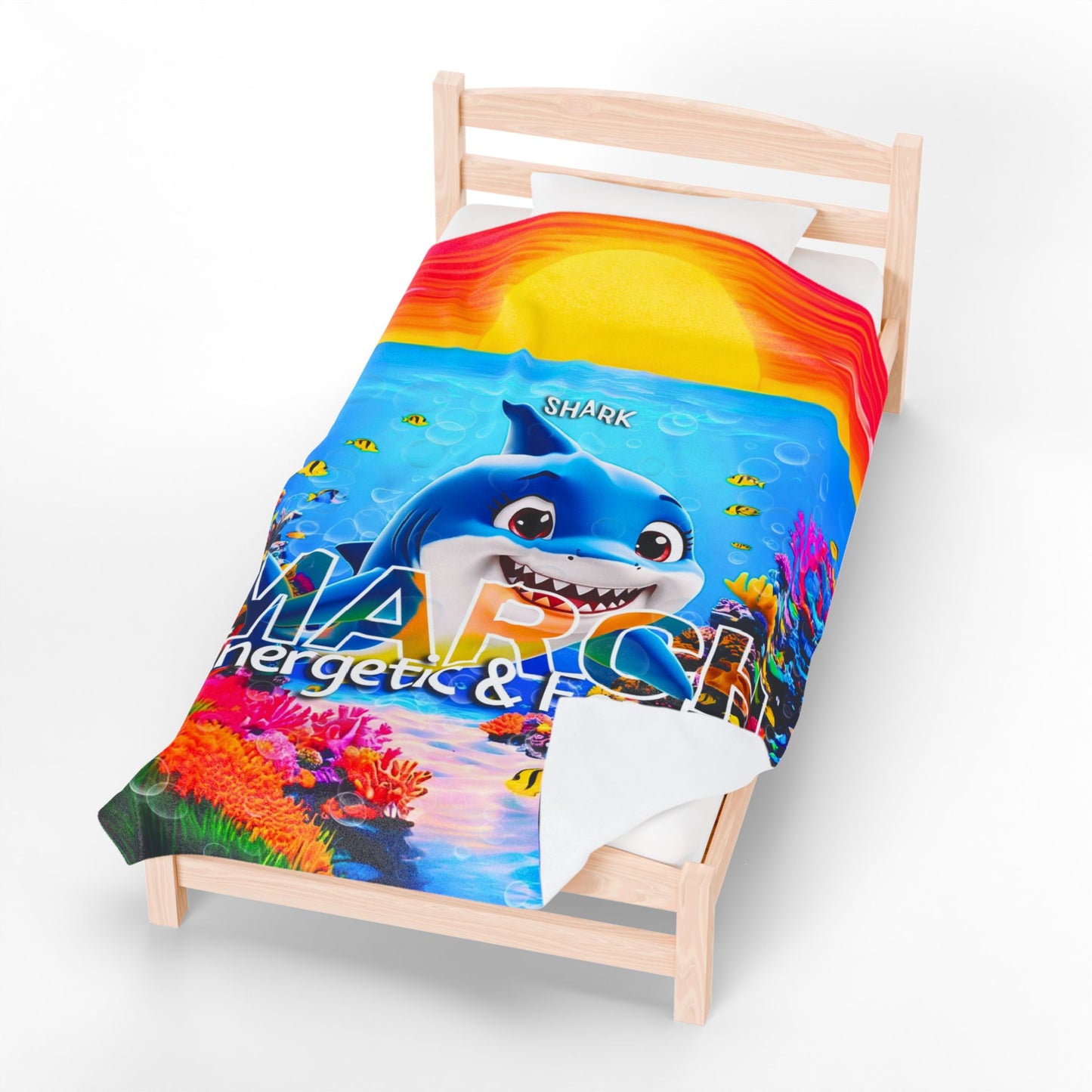 Kids birth month blanket featuring a colorful shark and underwater scene with vibrant coral and sunset