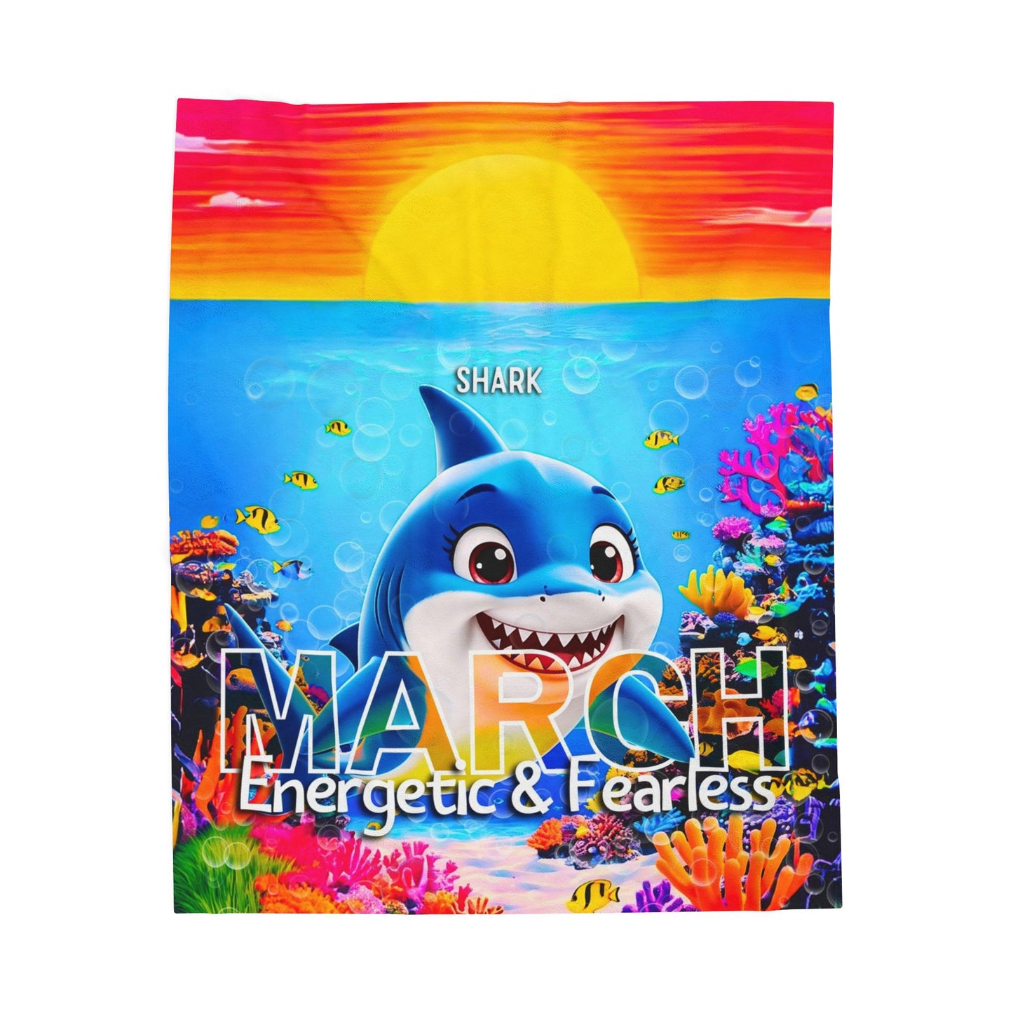 Kids birth month blanket featuring March shark design with colorful ocean and coral reef