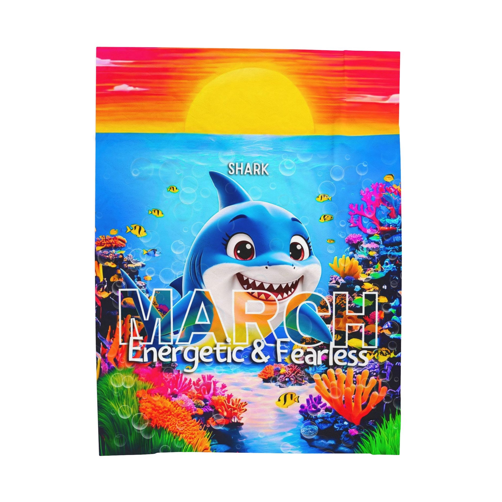 Kids birth month blanket featuring a colorful shark design with March and Energetic & Fearless text