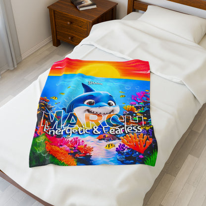 Colorful kids birth month blanket for March featuring a friendly shark and vibrant underwater scene