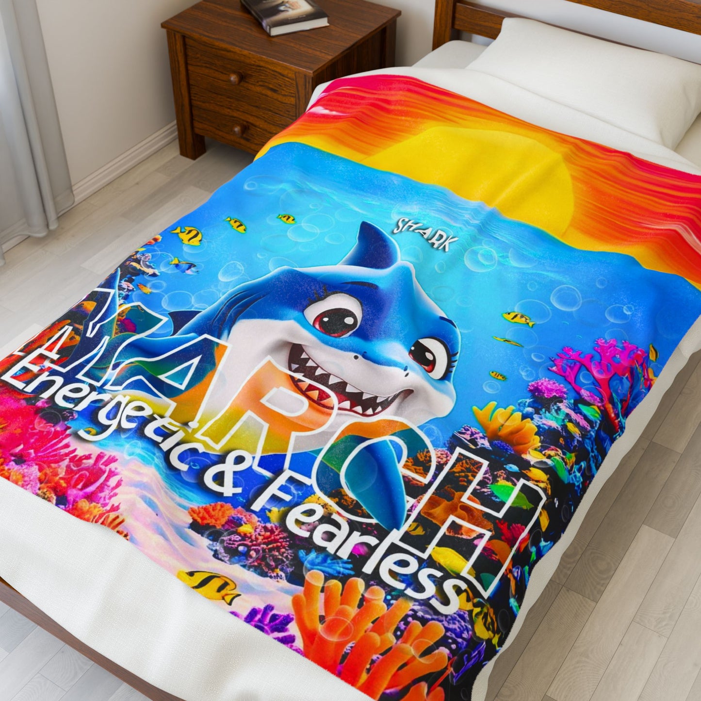 Kids birth month blanket with colorful shark design and ocean theme printed 