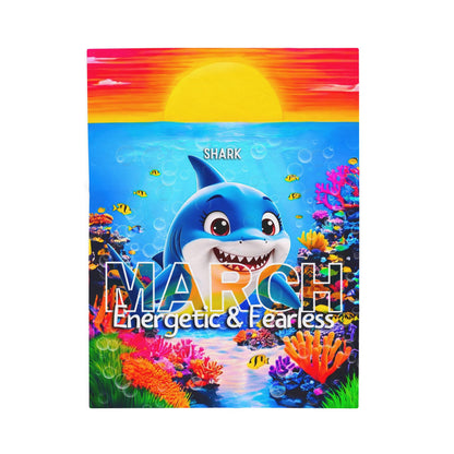 Kids birth month blanket featuring a colorful shark design for March with energetic and fearless text