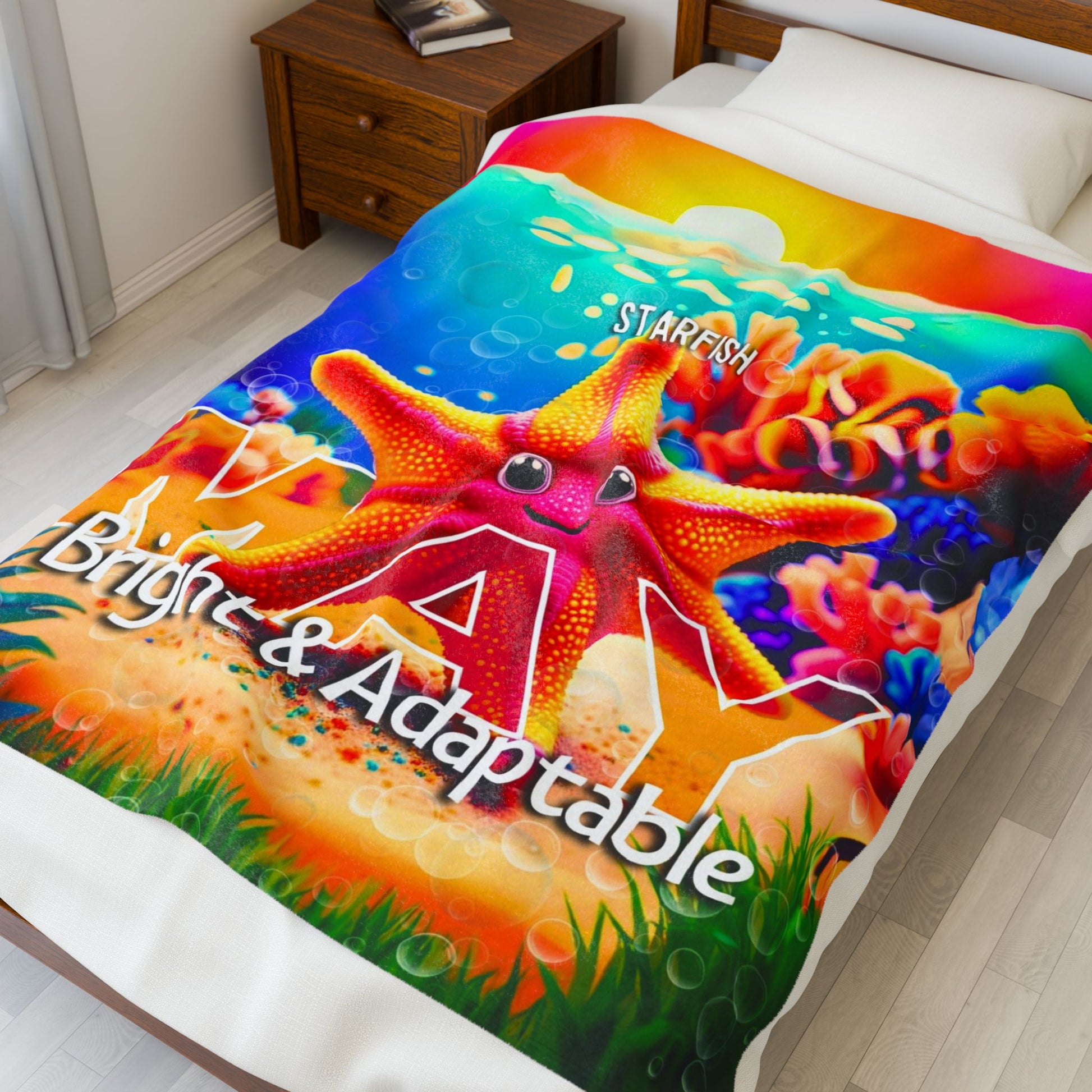Colorful kids birth month blanket featuring a bright starfish design with the words bright and adaptable