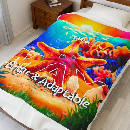 Colorful kids birth month blanket featuring a bright starfish design with the words bright and adaptable