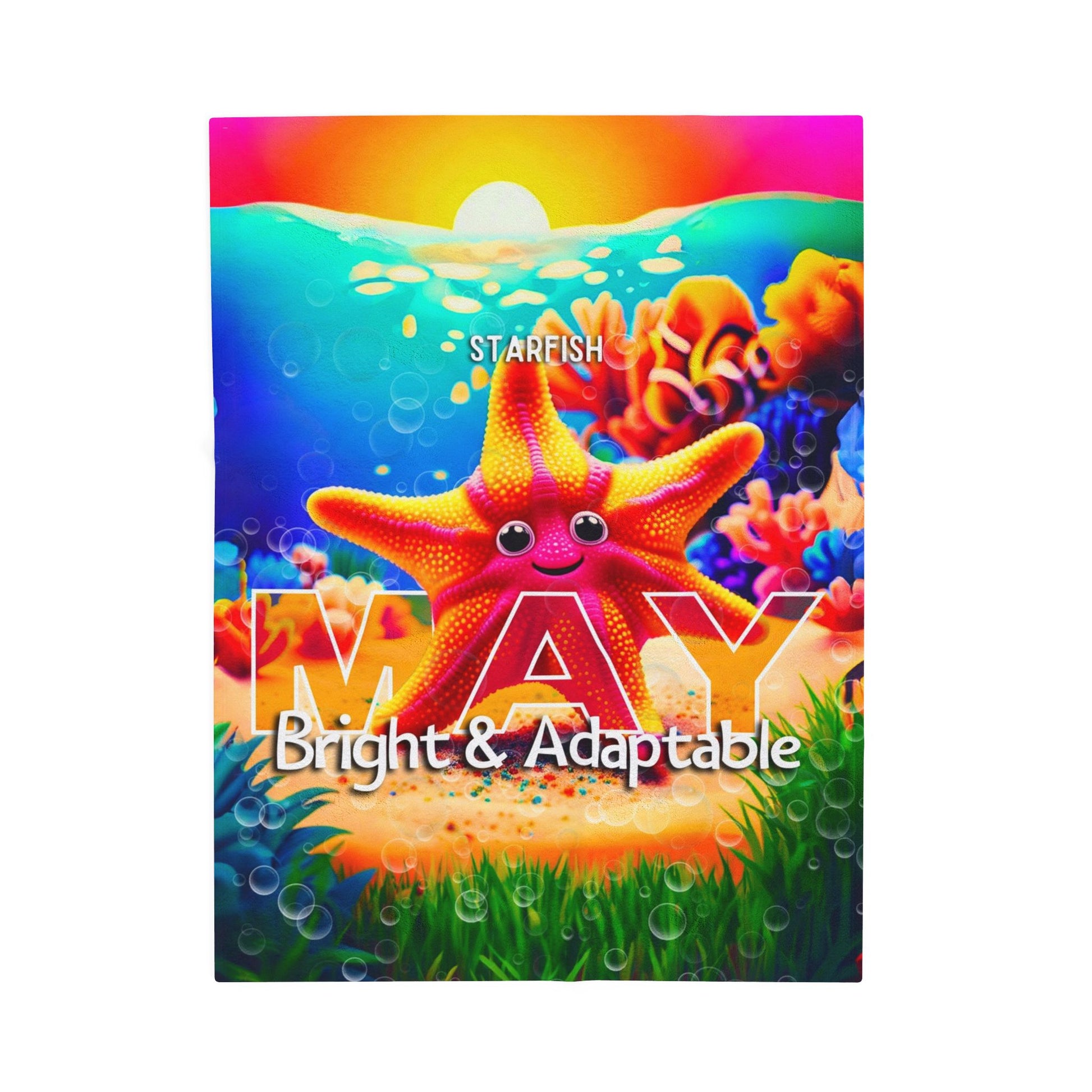 Kids birth month blanket featuring bright starfish design with May text and underwater scene