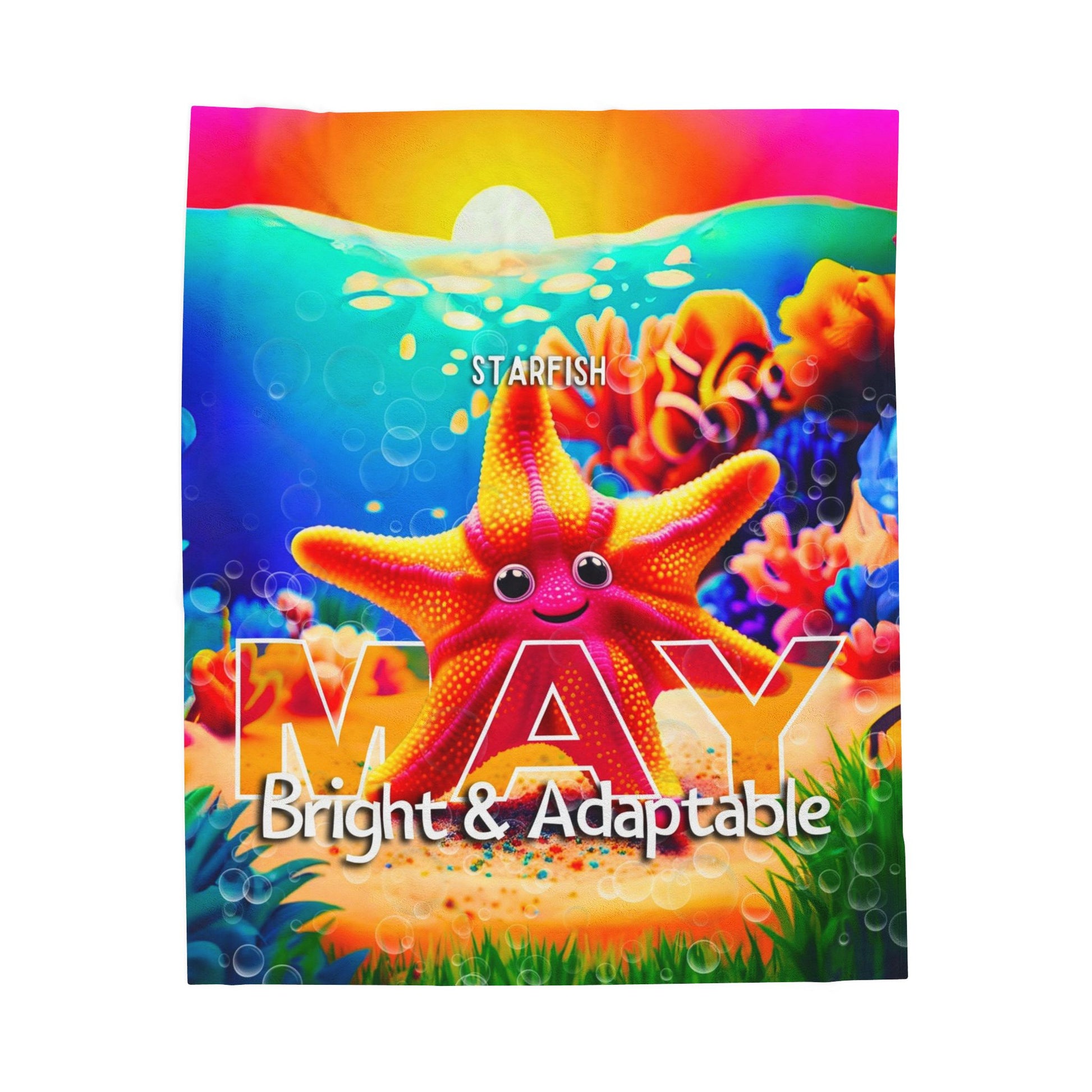 Colorful kids birth month blanket for May featuring a cheerful starfish and underwater scene