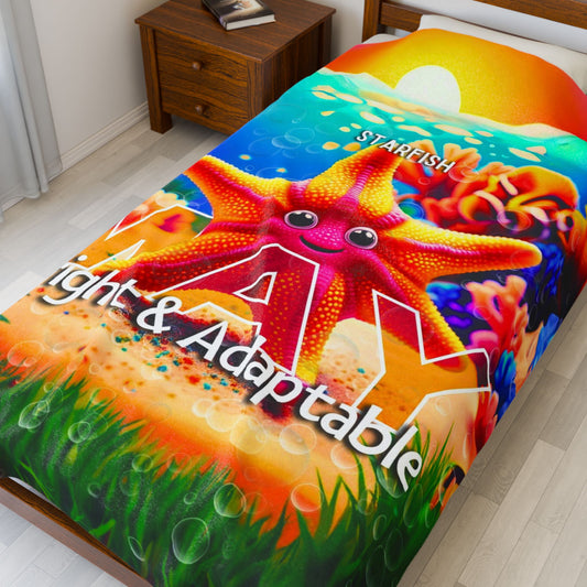 Kids birth month blanket featuring colorful starfish and ocean theme on a twin bed
