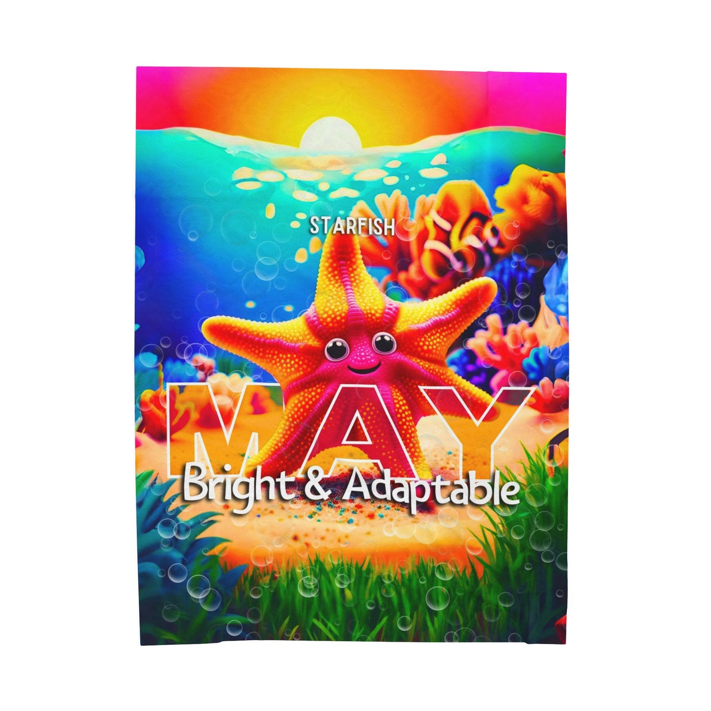 Colorful kids birth month blanket with May starfish design bright and adaptable theme