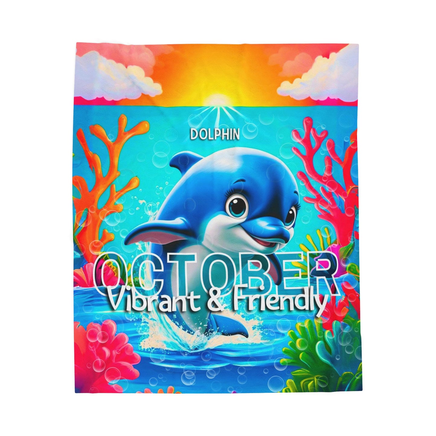 Kids birth month blanket featuring vibrant dolphin design for October with colorful ocean theme