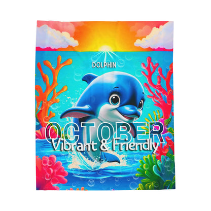 Kids birth month blanket featuring vibrant dolphin design for October with colorful ocean theme