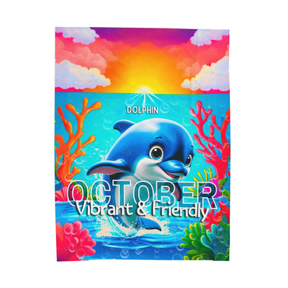 Kids birth month blanket with vibrant dolphin design and October text all over prints
