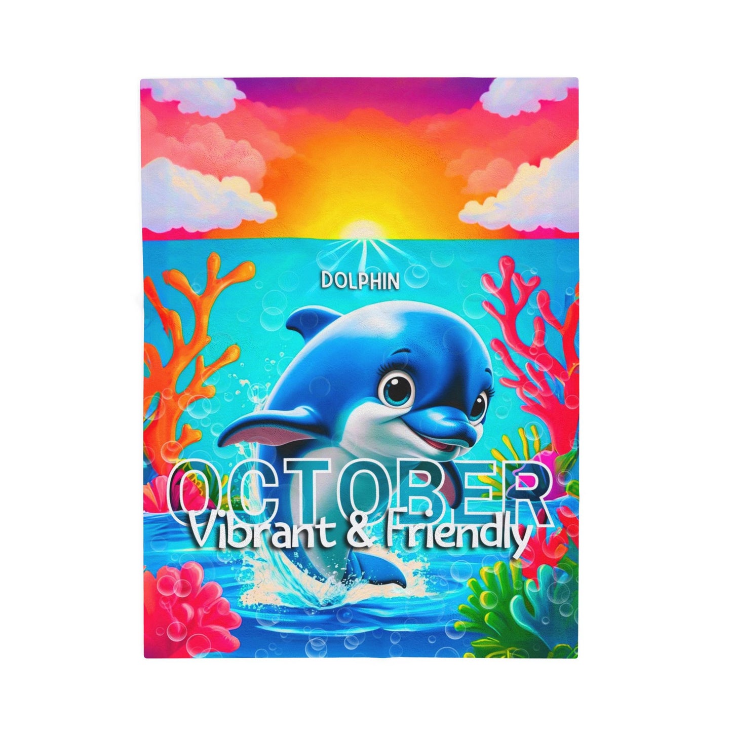 Vibrant kids birth month blanket featuring a friendly dolphin and bright underwater coral for October
