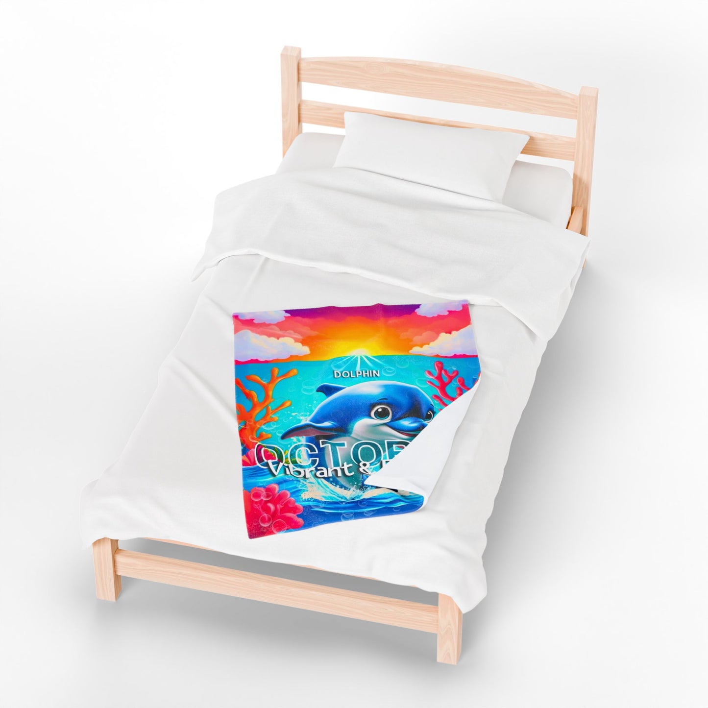 Kids birth month blanket featuring colorful dolphin and coral reef design with vibrant sunset print