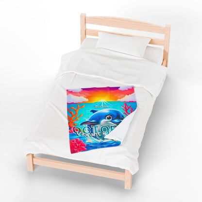 Kids birth month blanket featuring colorful dolphin and coral reef design with vibrant sunset print