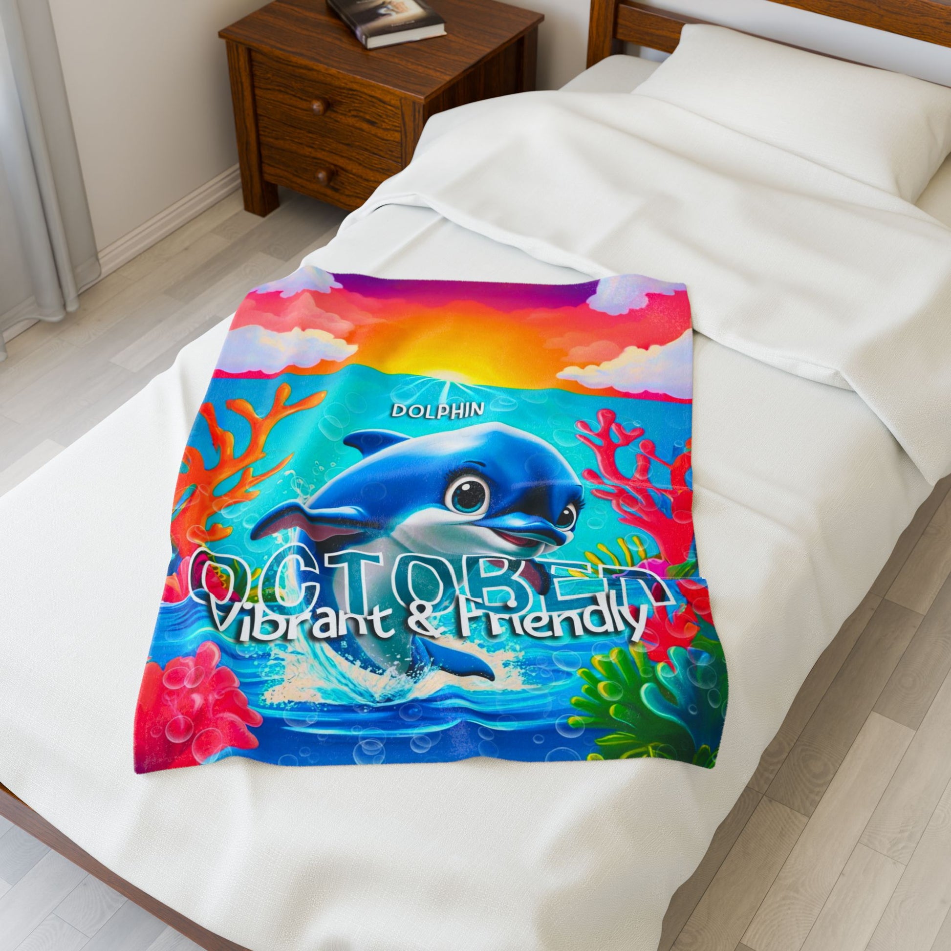 Colorful kids birth month blanket featuring a playful dolphin and ocean coral design for October
