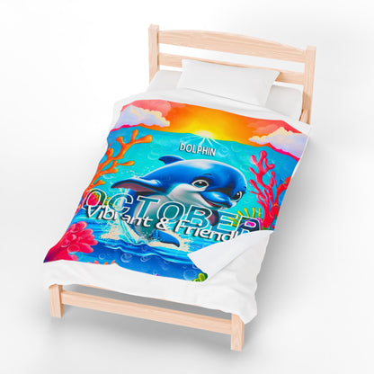 Kids birth month blanket October with vibrant dolphin design and colorful underwater theme on a wooden bed
