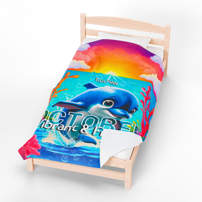 Colorful kids birth month blanket with dolphin design and vibrant October theme on a wooden bed