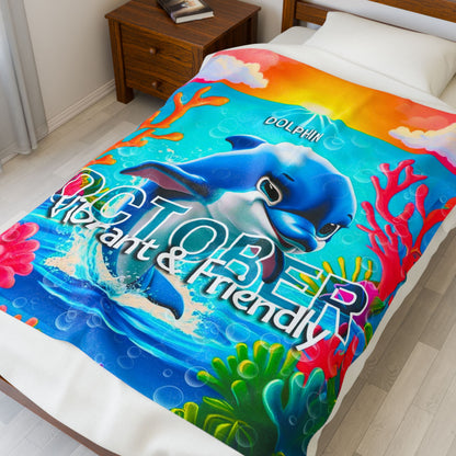 Colorful kids birth month blanket featuring a friendly dolphin design with vibrant coral and ocean elements