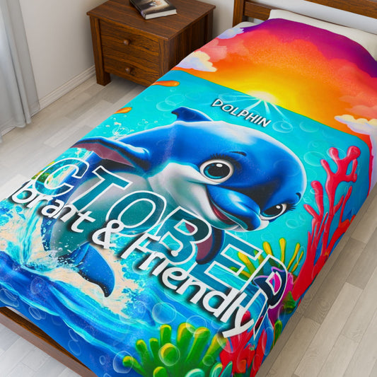 Colorful kids birth month blanket with a friendly dolphin design on a bed 
