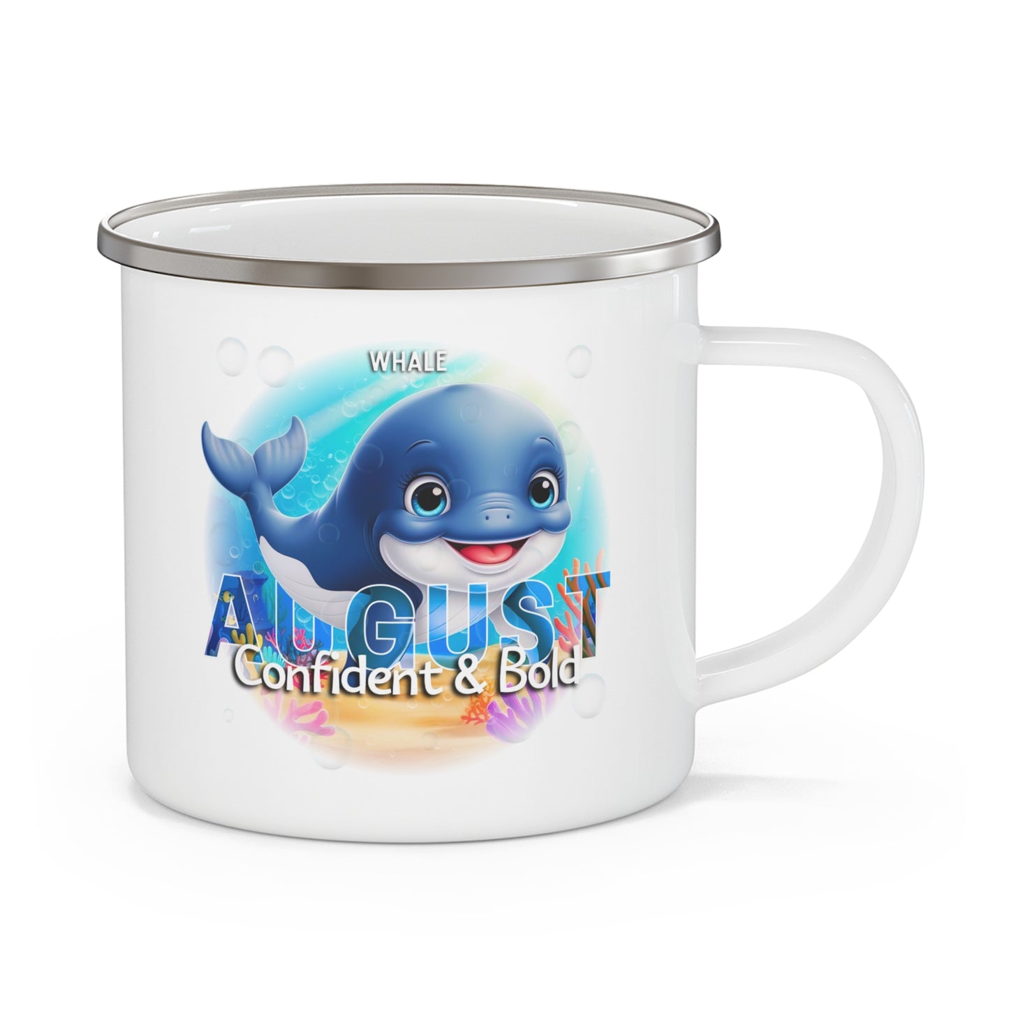 Kids birth month camping mug featuring August design with a cute whale and confident bold text