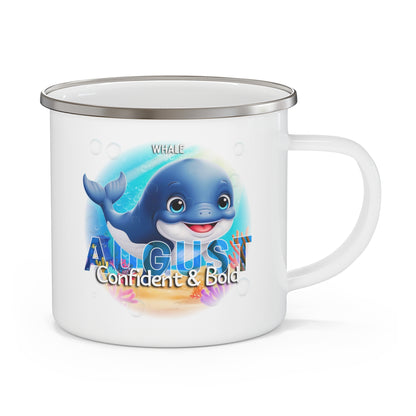 Kids birth month camping mug featuring August design with a cute whale and confident bold text