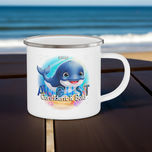 Kids birth month camping mug with August whale design confident and bold