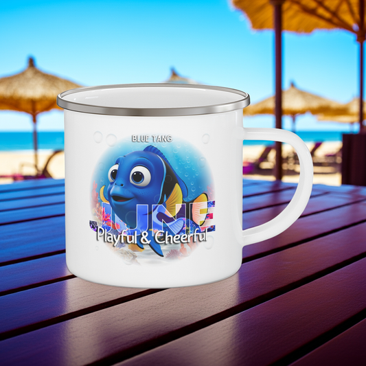Kids birth month camping mug featuring playful blue tang fish design by Printify on white enamel mug