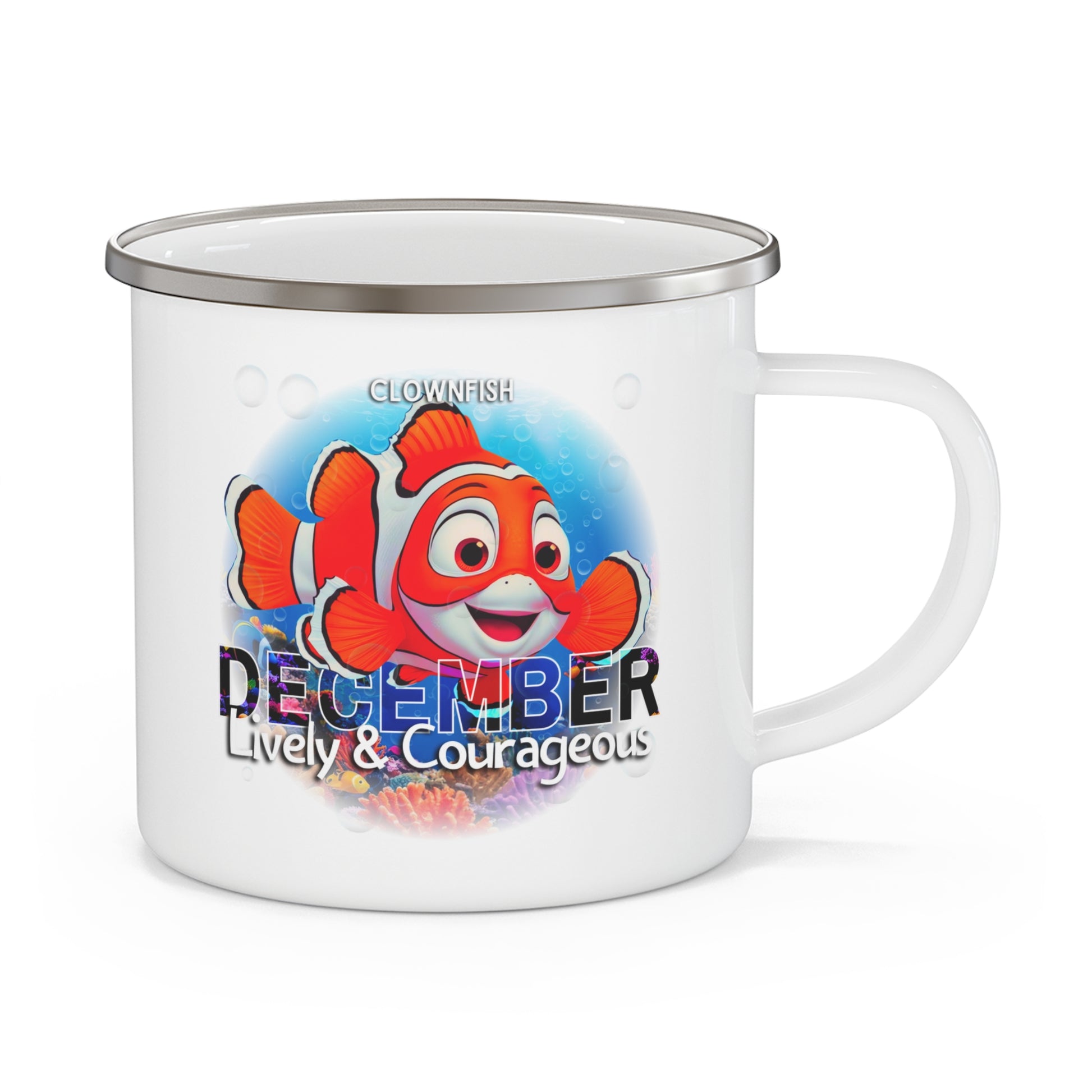 Kids birth month camping mug with December clownfish design lively and courageous